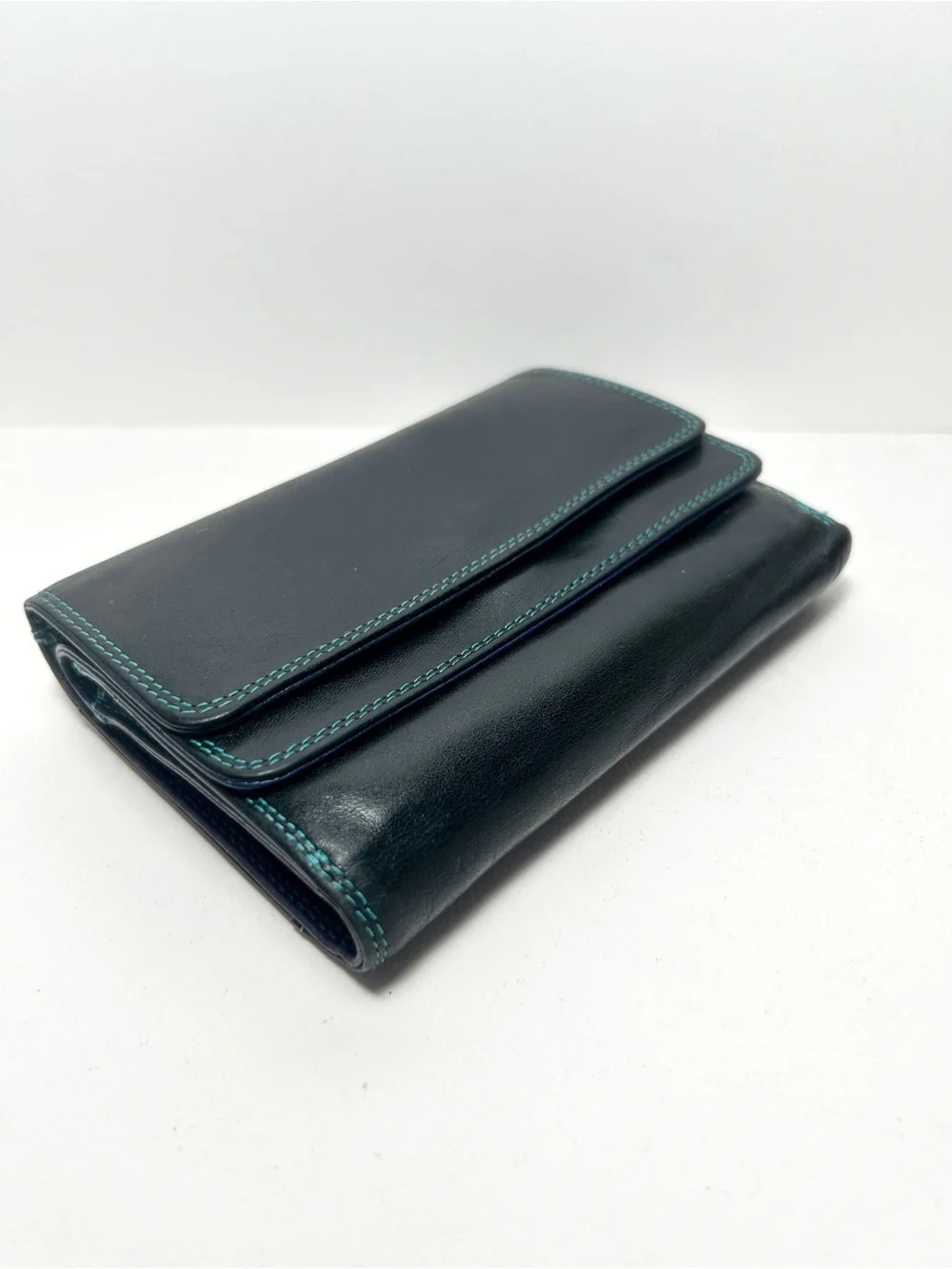 MyWalit Double Flap Ladies Trifold Leather Wallet -Black Multi, with Pen EUC